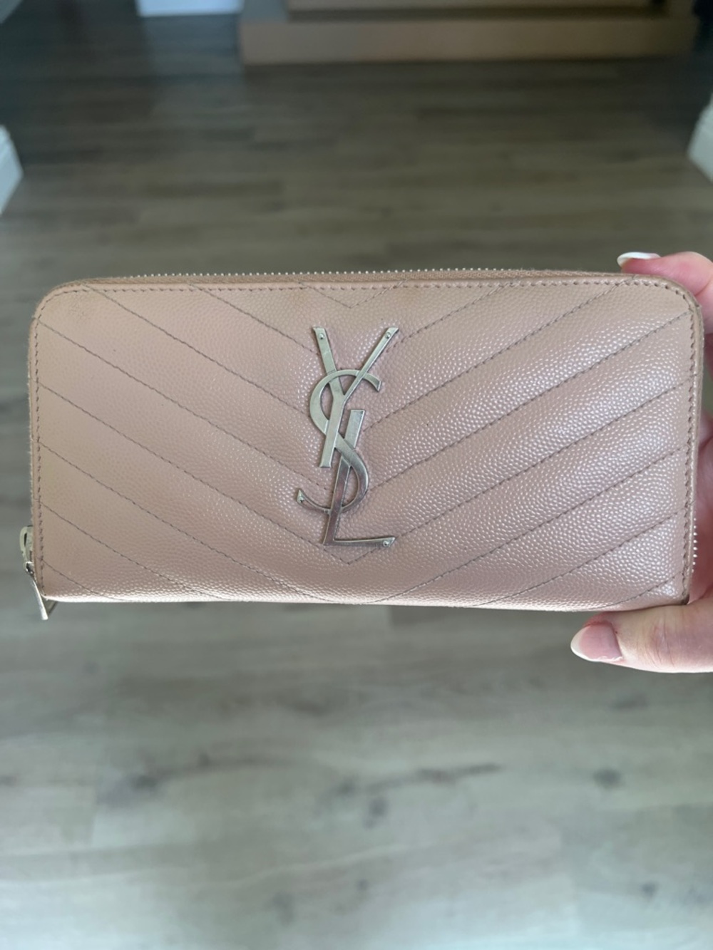 YSL CASSANDRE QUILTED MATELASSE  LEATHER BLUSH PINK NUDE LONG ZIP AROUND WALLET